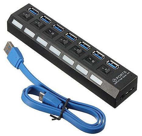 מפצל USB-3.0 עם 7 חיבורים ומפסקים
