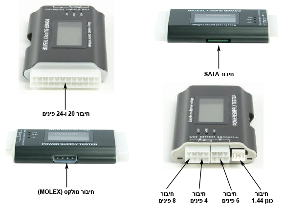 תצלום חיבורים שונים במכשיר בדיקת ספק כח מחשב