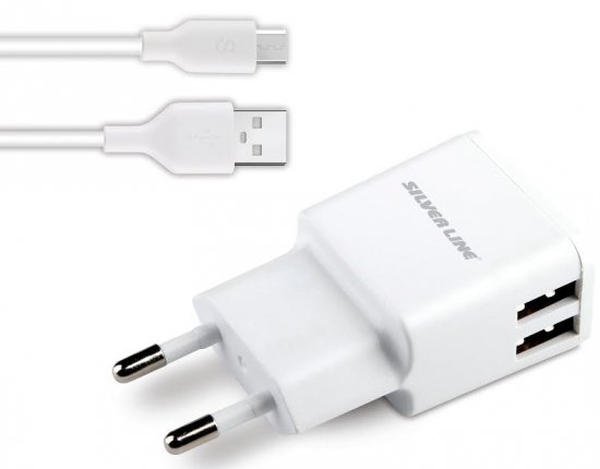מטען USB כפול לשקע חשמל 2.4A  + כבל מיקרו USB