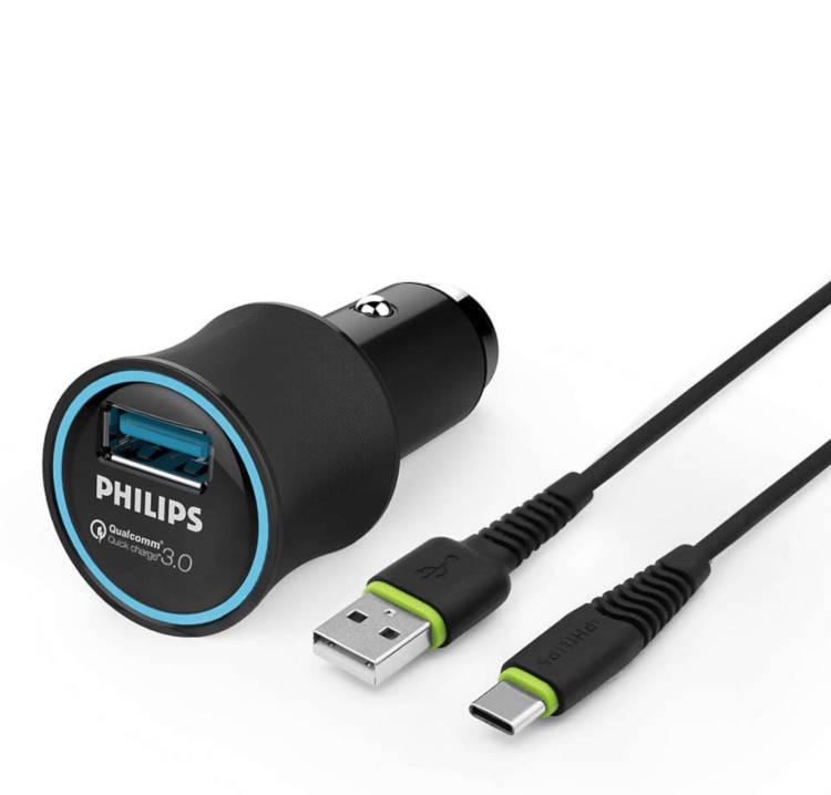 מטען USB מהיר לרכב Philips Quick Charge 3.0 כולל כבל Type C