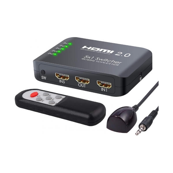 ממתג HDMI-2.0 4K עם 5 כניסות ושלט - HDMI Switch 1:5