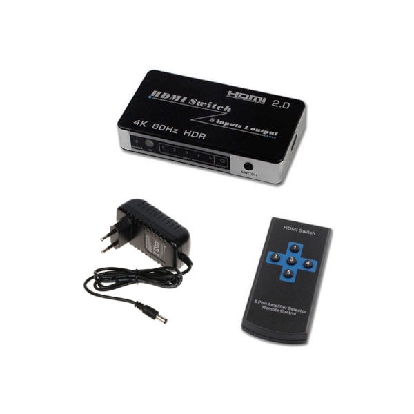 קופסת מיתוג HDMI-2.0 4K איכותית - 5 כניסות ויציאה אחת + שלט