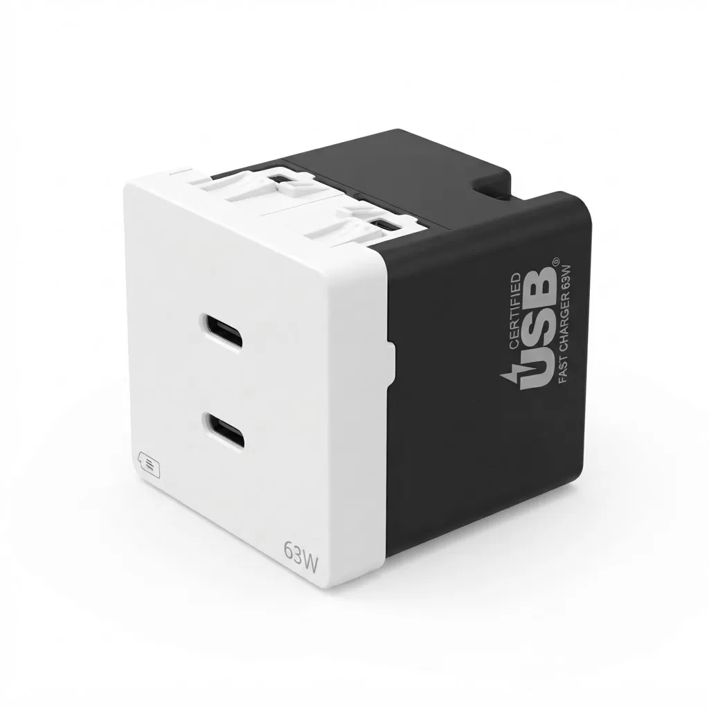 מטען USB-C כפול 63W  לבן מבריק Gewiss Pura – GWC20365